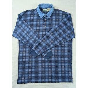 Vintage Timber Trail Mens XL Henley Shirt Blue Plaid Flannel Denim Collar 90s